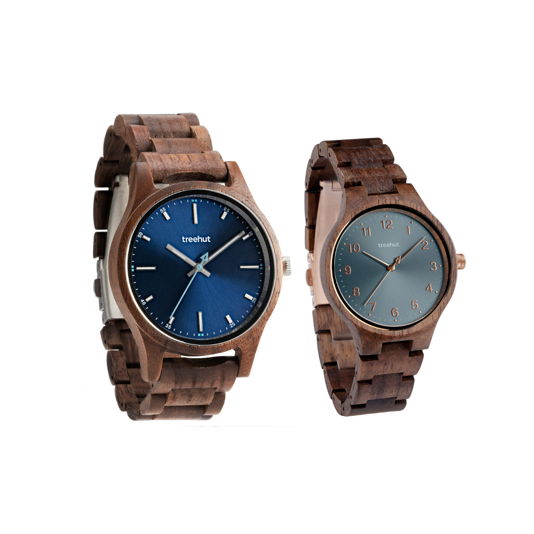 Couples Walnut Blue Couples Wooden Watch