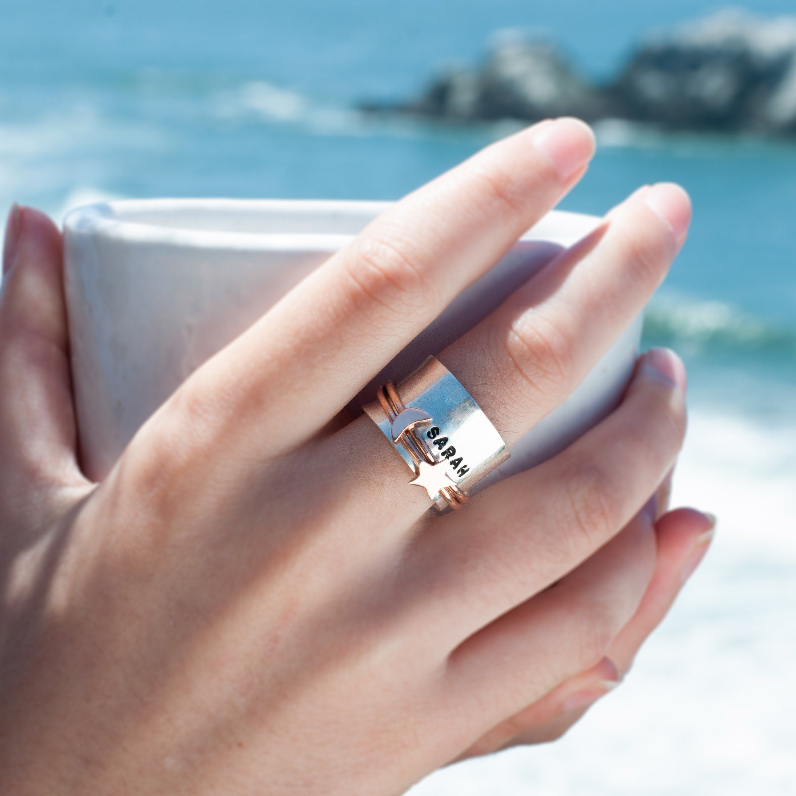 Moon+Star Spinner Ring Women's Engraved Ring