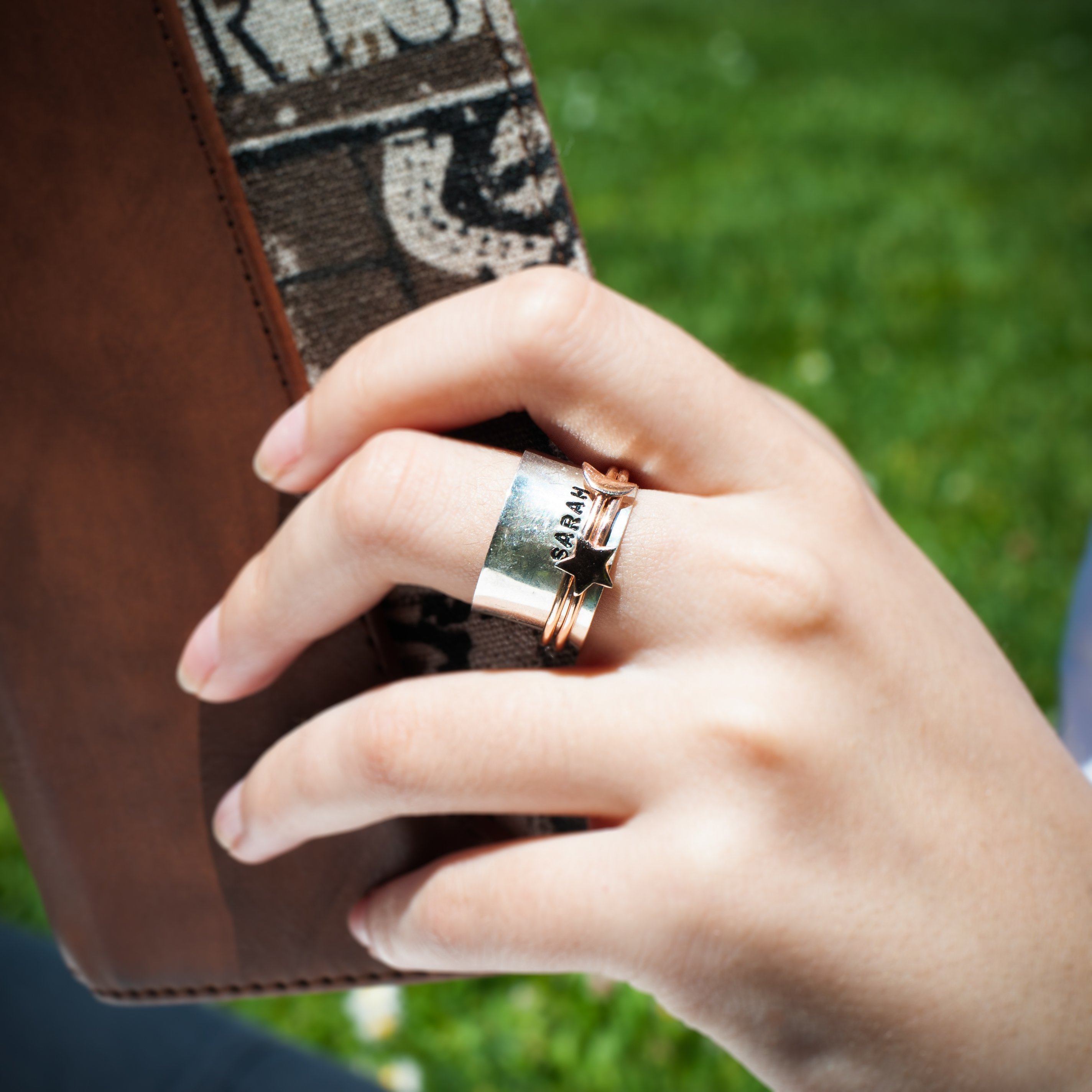 Moon+Star Spinner Ring Women's Engraved Ring