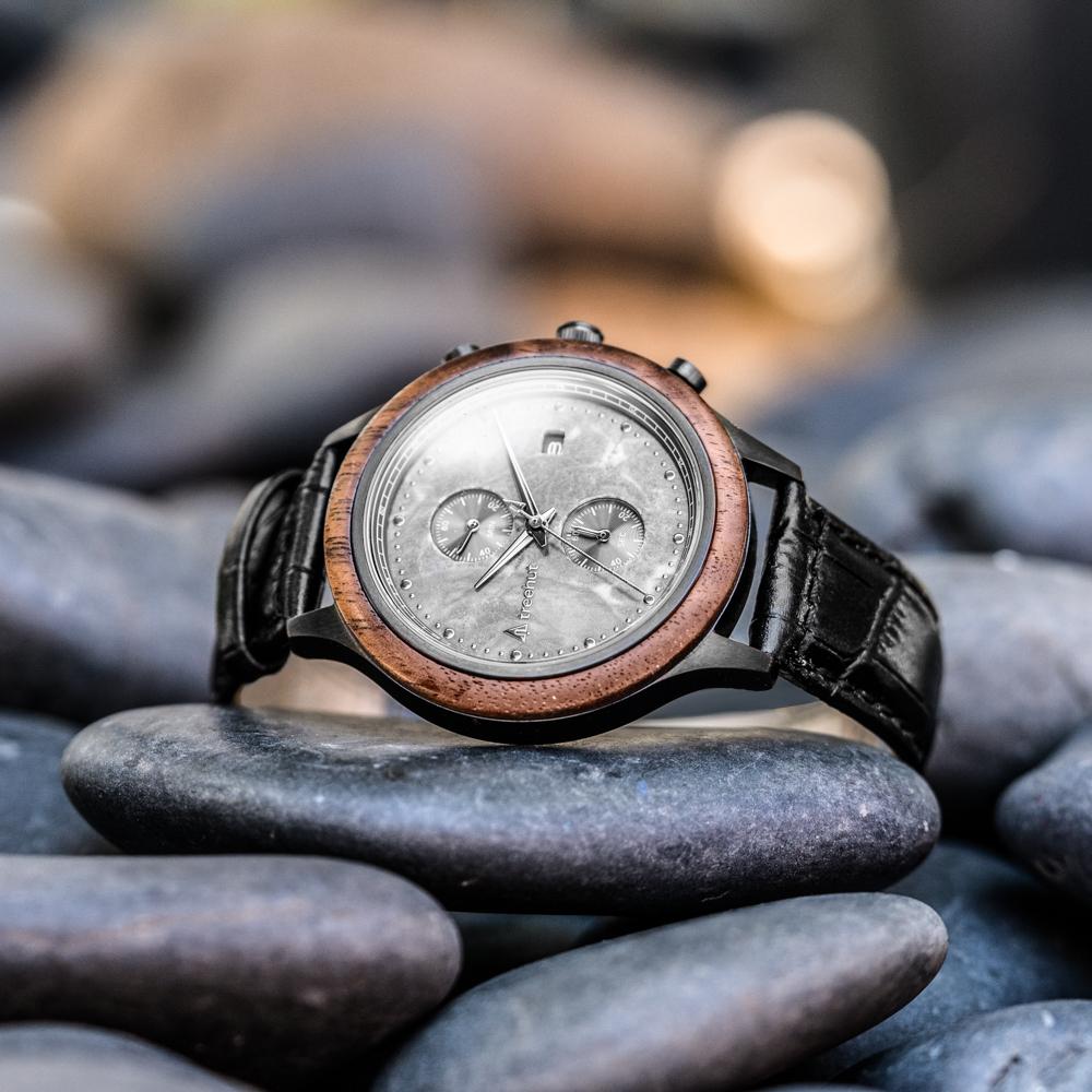 Treehut Rise Grey Marble Black Men's Stainless Steel Wooden Watch