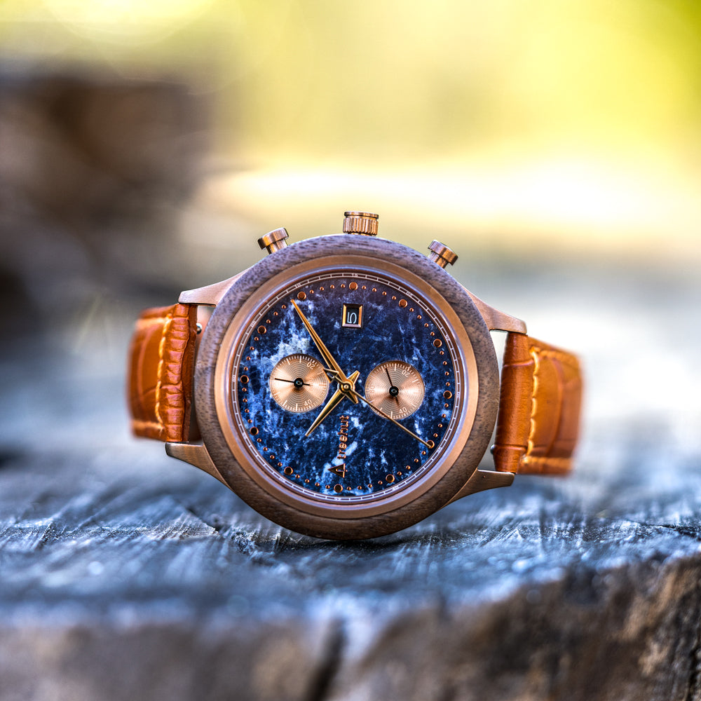 Rise Blue Marble Brown Men's Stainless Steel Wooden Watch