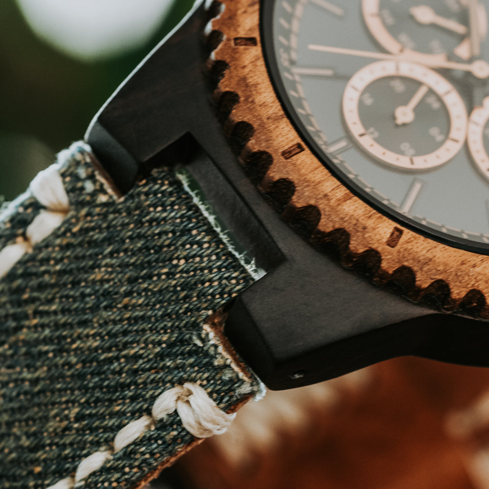 Classic Multifunction Blue Denim Men's Wooden Watch