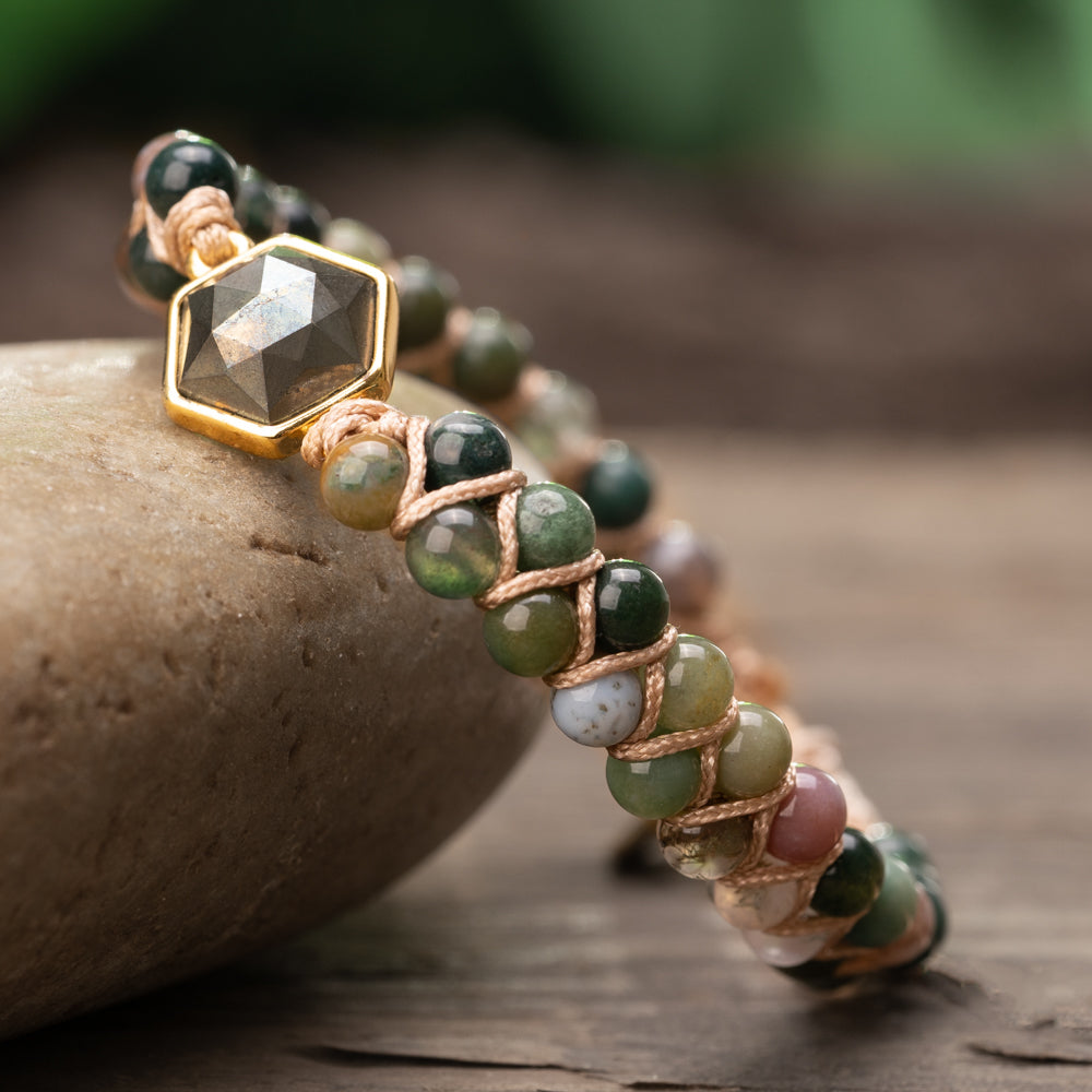 Treehut natural grey and green pyrite stone bracelet for her. Single braided stone bracelet for her