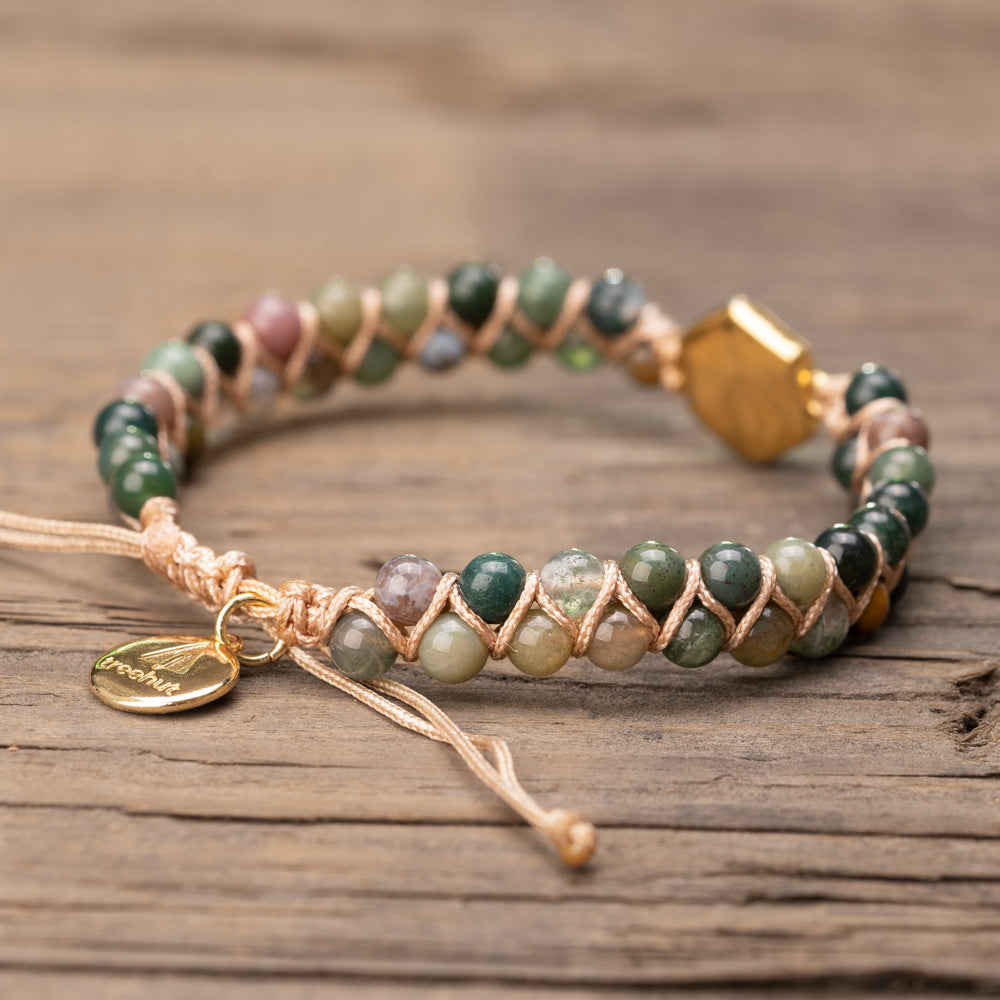 Green natural stone braided bracelet for her with pyrite stone and African turquoise stone