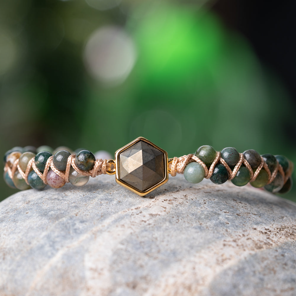 Hexagon pyrite stone bracelet. Green natural stone braided stone bracelet