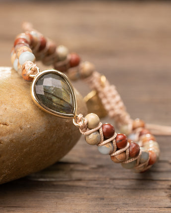 Braided stone bracelet with natural beaded stone bracelet and teardrop labradorite center piece 