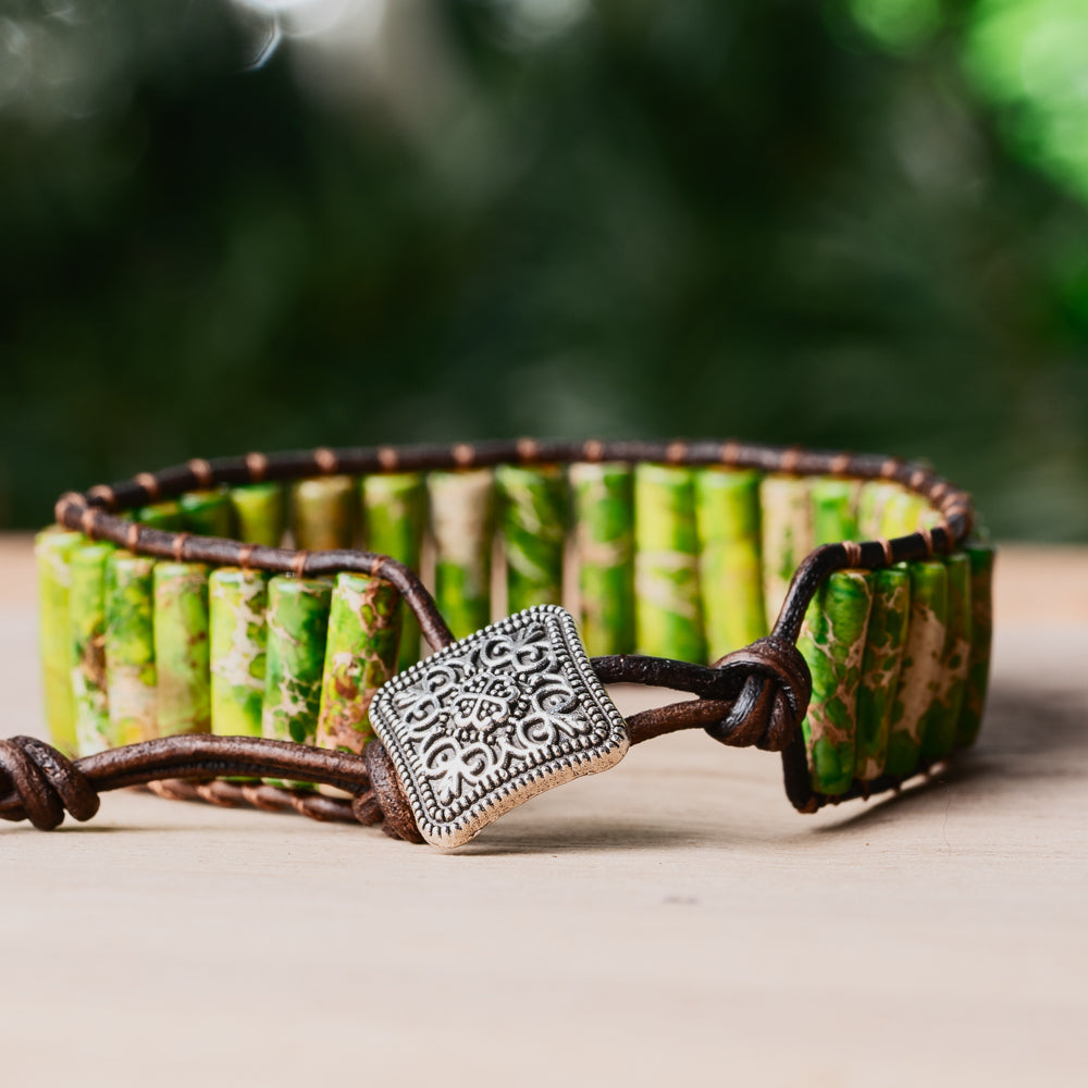 Treehut's striking and carefully crafted leather bracelet, adorned with natural Jasper stones in a variety of shades of green