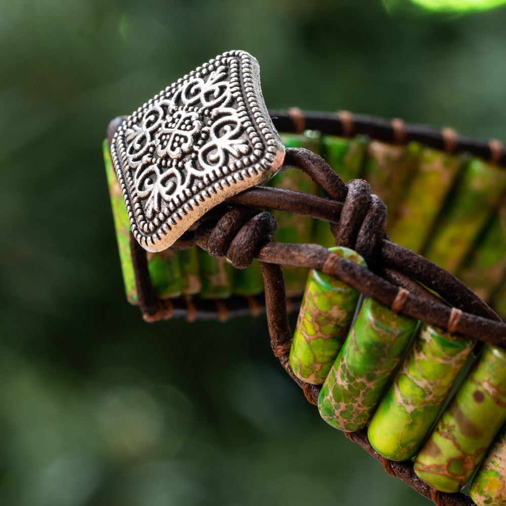 Experience the mesmerizing beauty of genuine leather and natural Jasper stones with this chic wrap bracelet