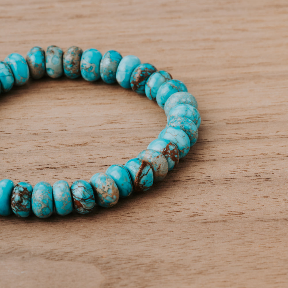 Blue natural turquoise stone beads make up a stackable bracelet handcrafted by Treehut team