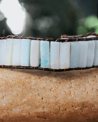 Treehut handmade amazonite tube bead bracelet with single natural  leather strand 