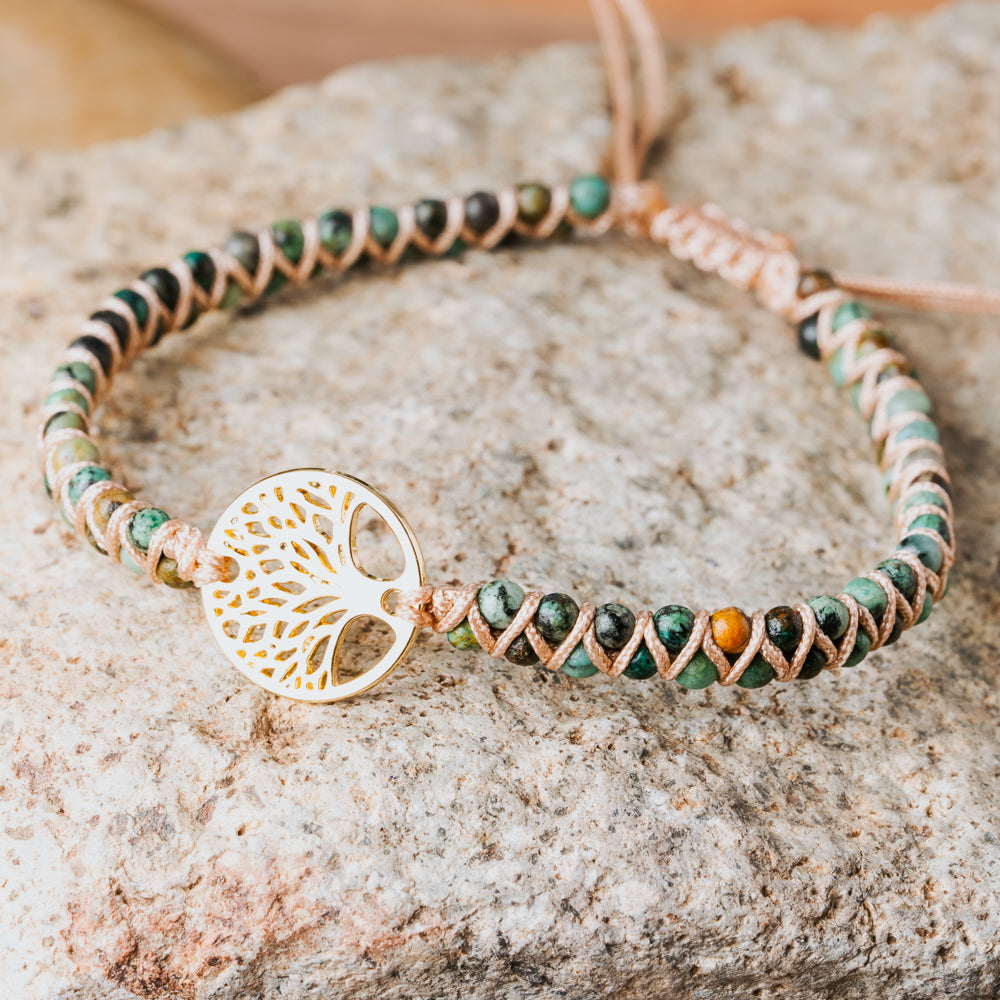 Green and gold braided natural stone bracelet with african turquoise bracelet