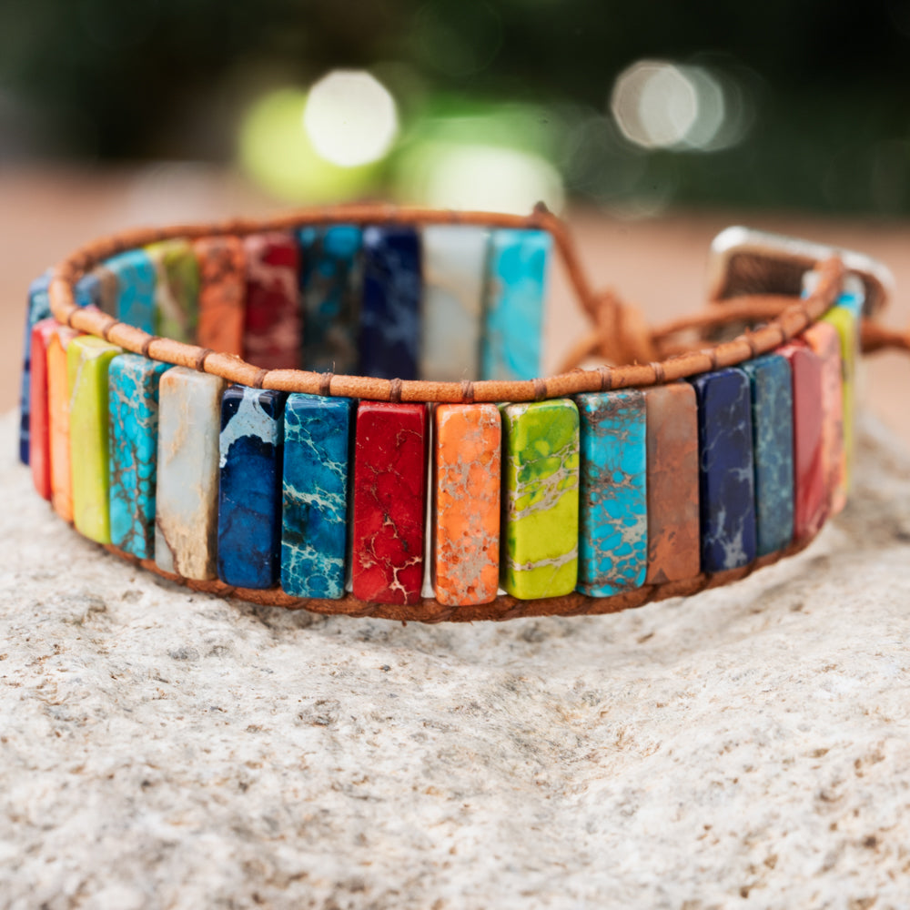 Treehut bracelet is the perfect way to showcase your unique style, featuring a colorful arrangement of natural imperial jasper stones on a single wrap leather band.