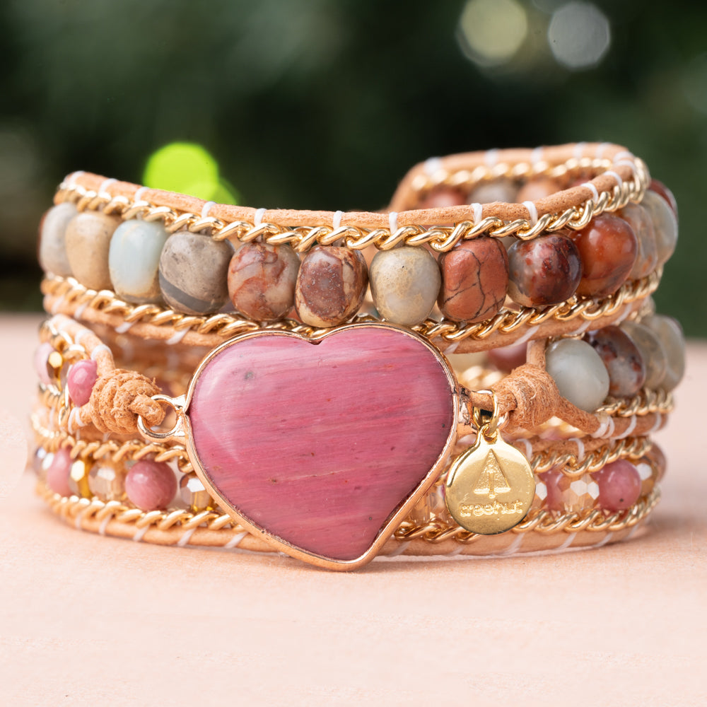 Natural stone bracelet with heart pink rhodonite stone and jasper stone beads and triple genuine leather wraps