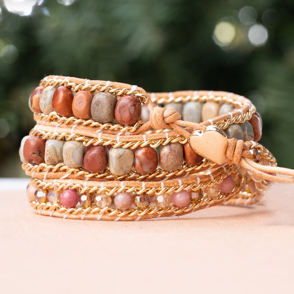 Theory of beads triple wrap bracelet with natural brown and red jasper stone beads and pink rhodonite beads
