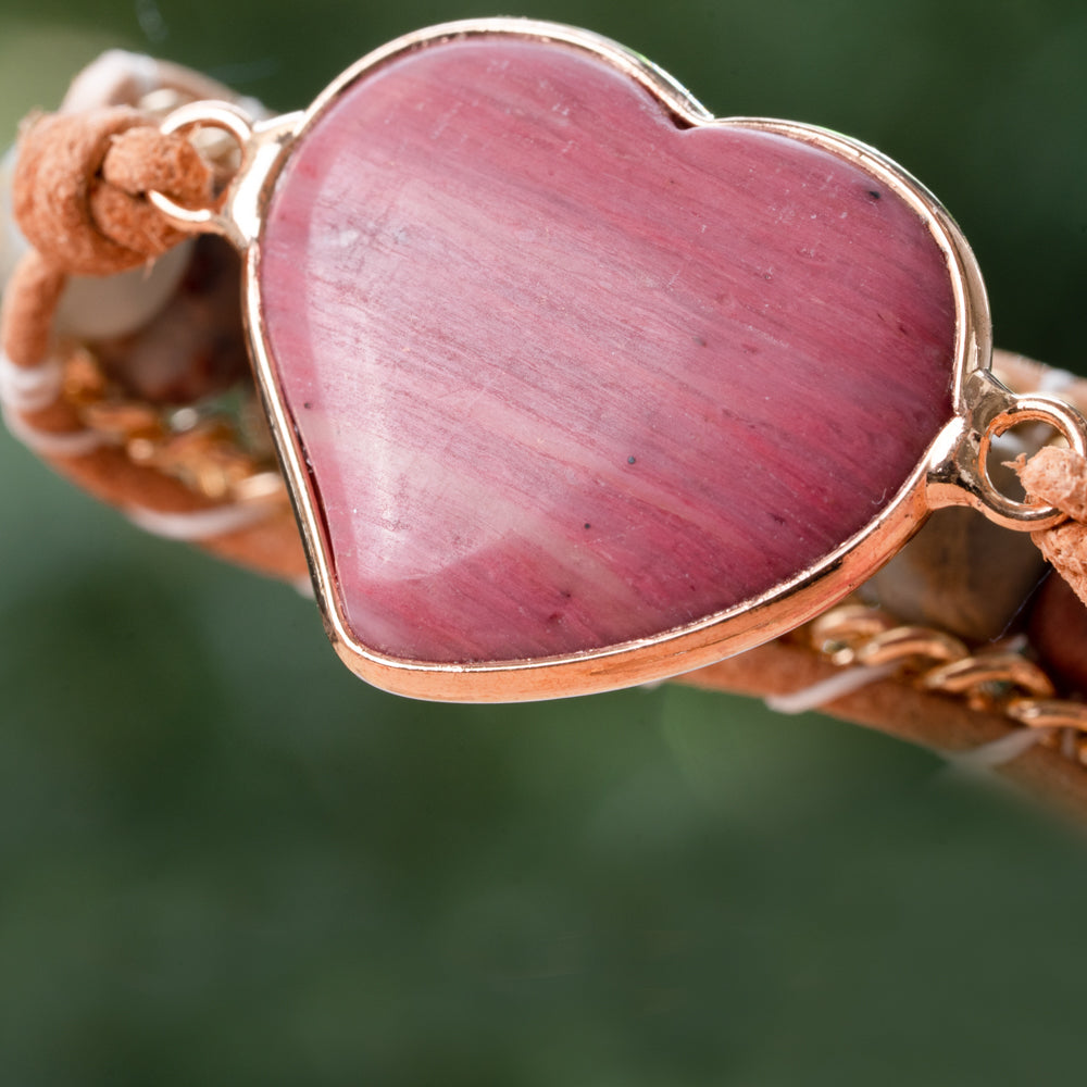 Pink and brown three wrap bracelet made with pink rhodonite natural gemstone and genuine leather.