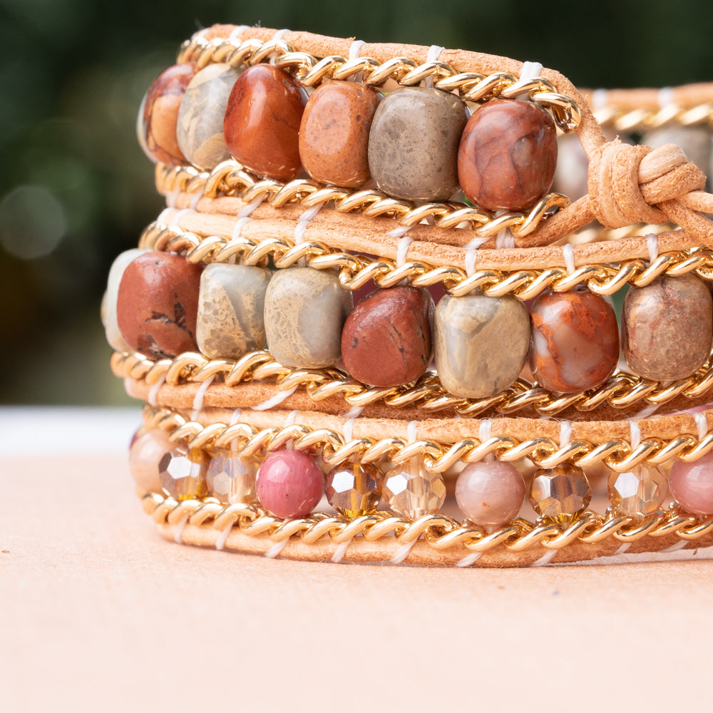 Handmade triple wrap bracelet with genuine leather and rhodonite and jasper natural stone beads handmade in California
