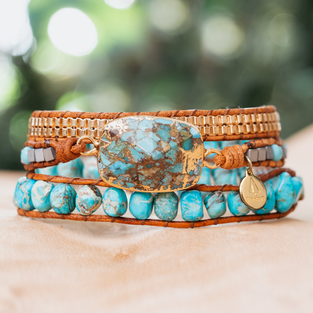 Natural Turquoise stone bracelet with triple genuine leather straps and gold beads handmade in California