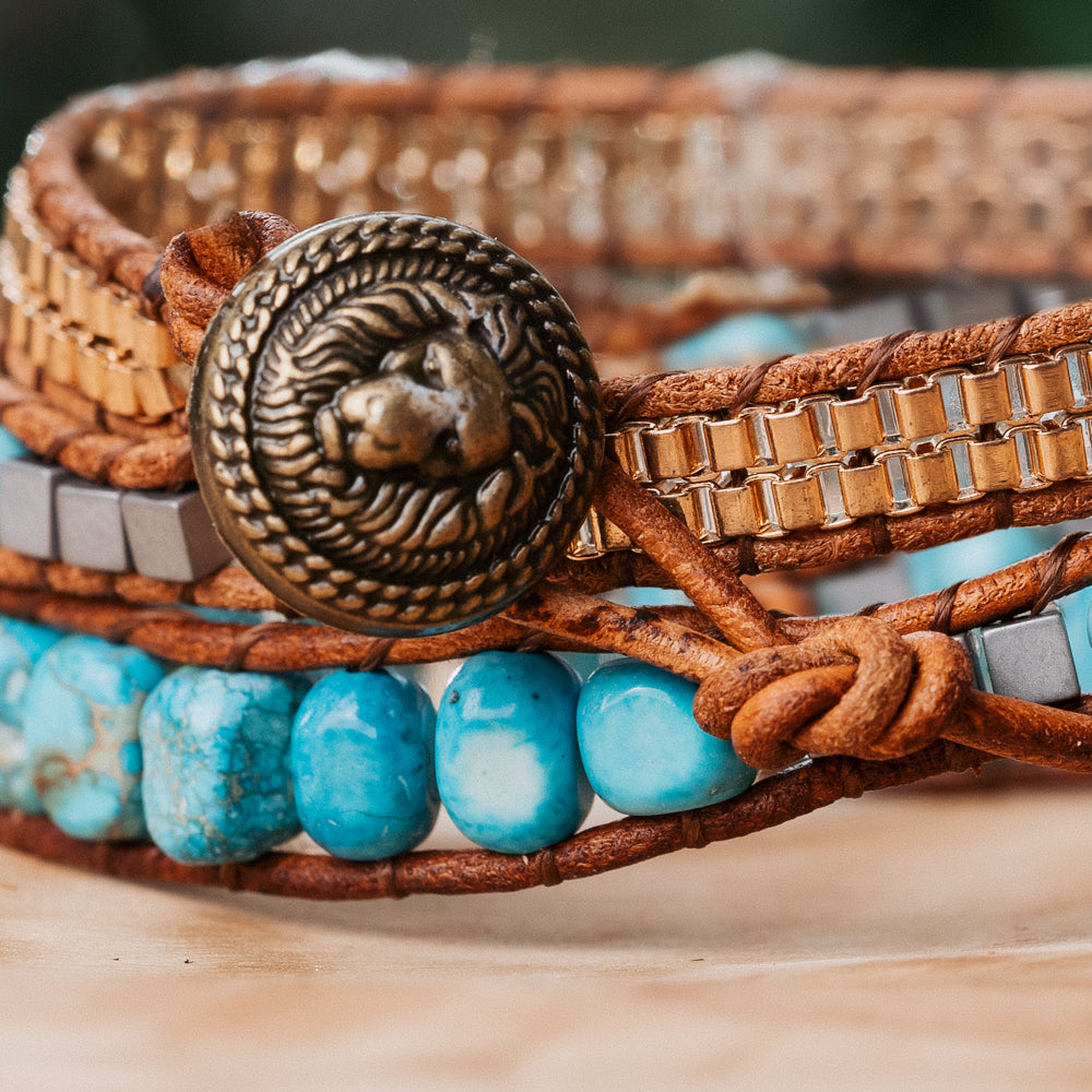 Natural turquoise gemstone beads and genuine brown leather straps make up a great wrap around bracelet for women