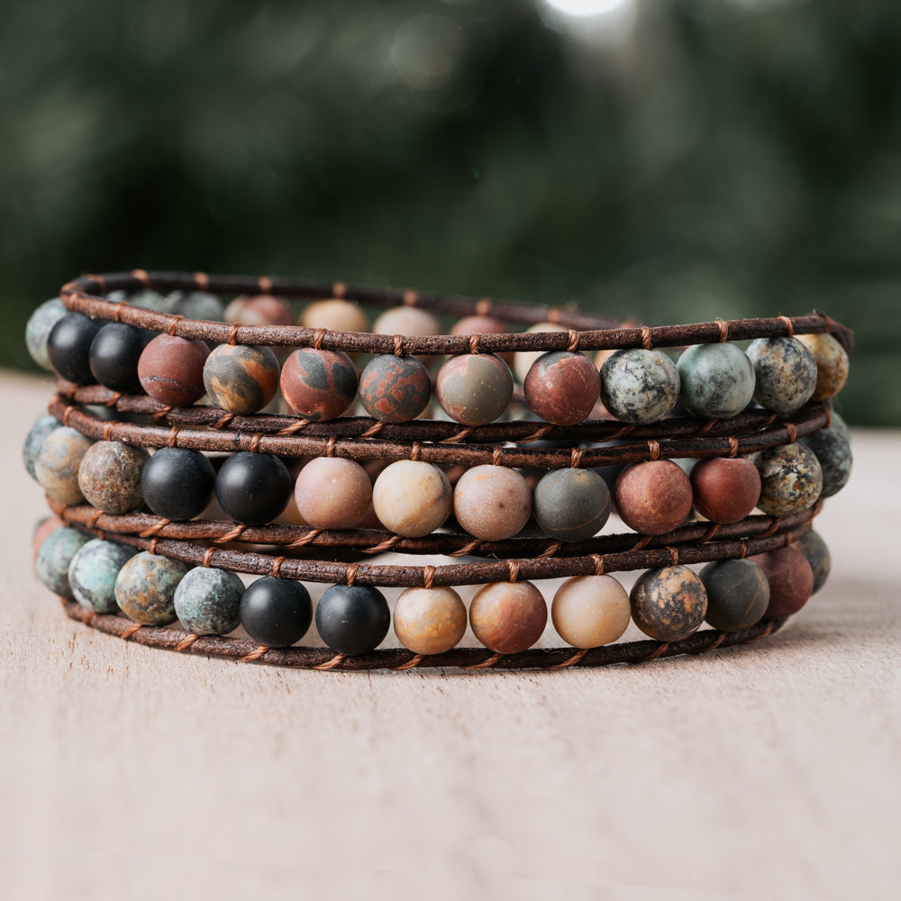 Brown, black, and maroon mix stone triple leather wrap bracelet for her handmade in California