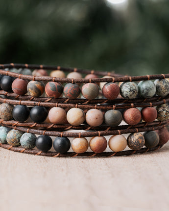 Brown, black, and maroon mix stone triple leather wrap bracelet for her handmade in California