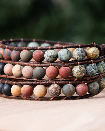 Treehut jasper and onyx natural stone bracelet with triple leather straps handmade in California