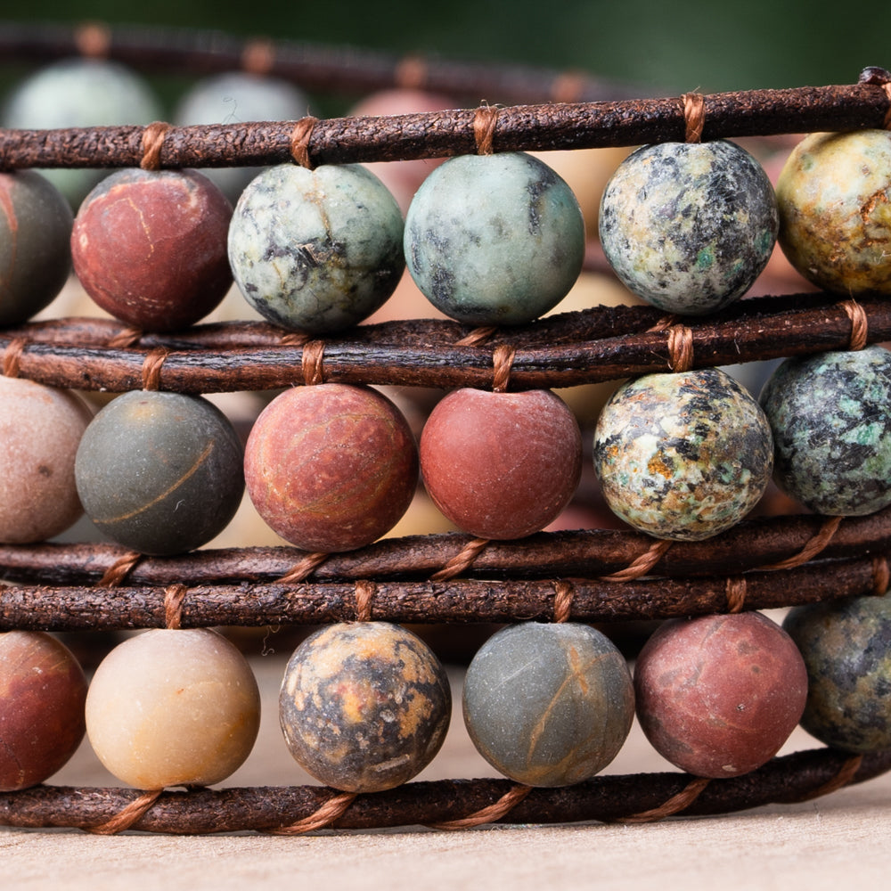 Triple wrap bracelet with jasper and natural onyx protection stone. Genuine leather bracelet for women