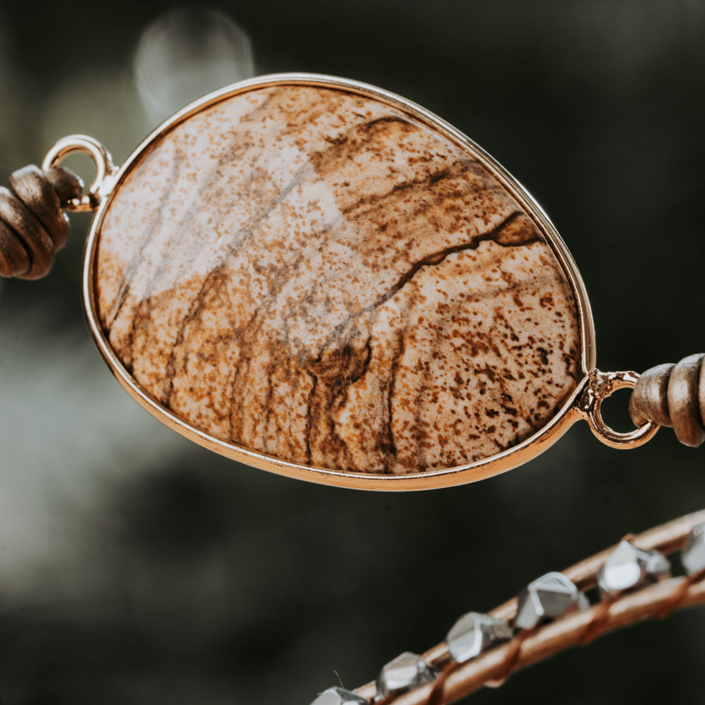 five wrap leather bracelet with jasper and sandstone