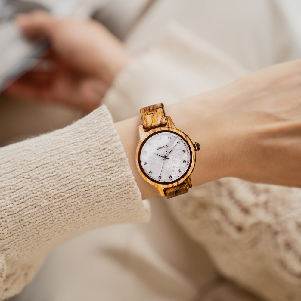 Emma Pearl Olive Frost Women's Wooden Watch