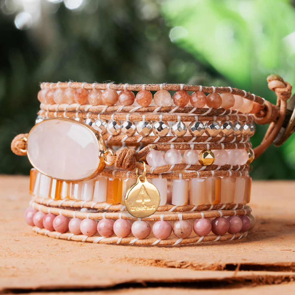 Handmade five leather wrap bracelet with natural pink rose quartz crystal and rhodonite beads