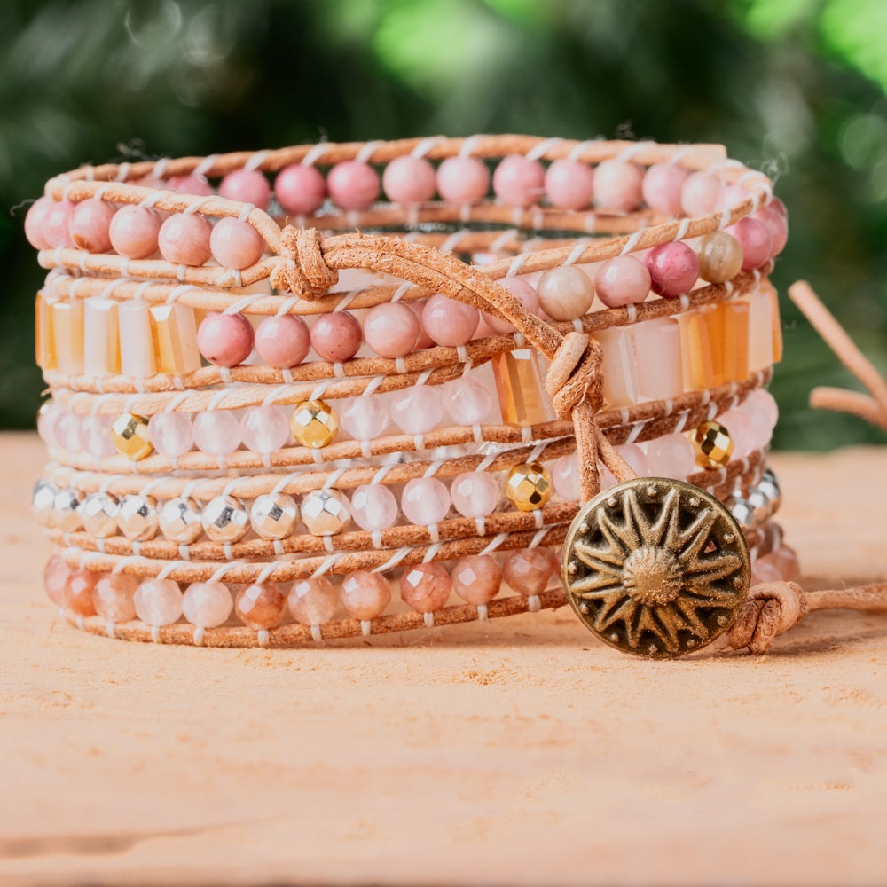 Handmade pink and orange natural gemstone bracelet with leather straps handmade by treehut