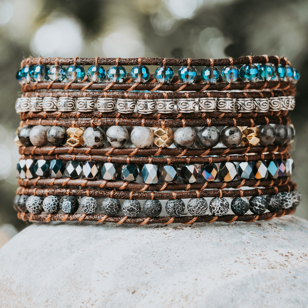 Blue silver and black natural crystal five leather strap bracelet for her by Treehut
