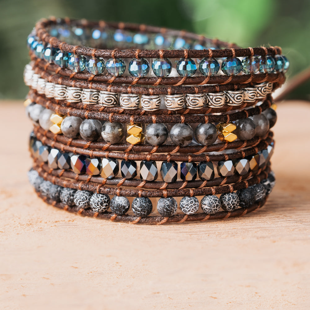 Natural five leather strap bracelet with black and silver natural stones