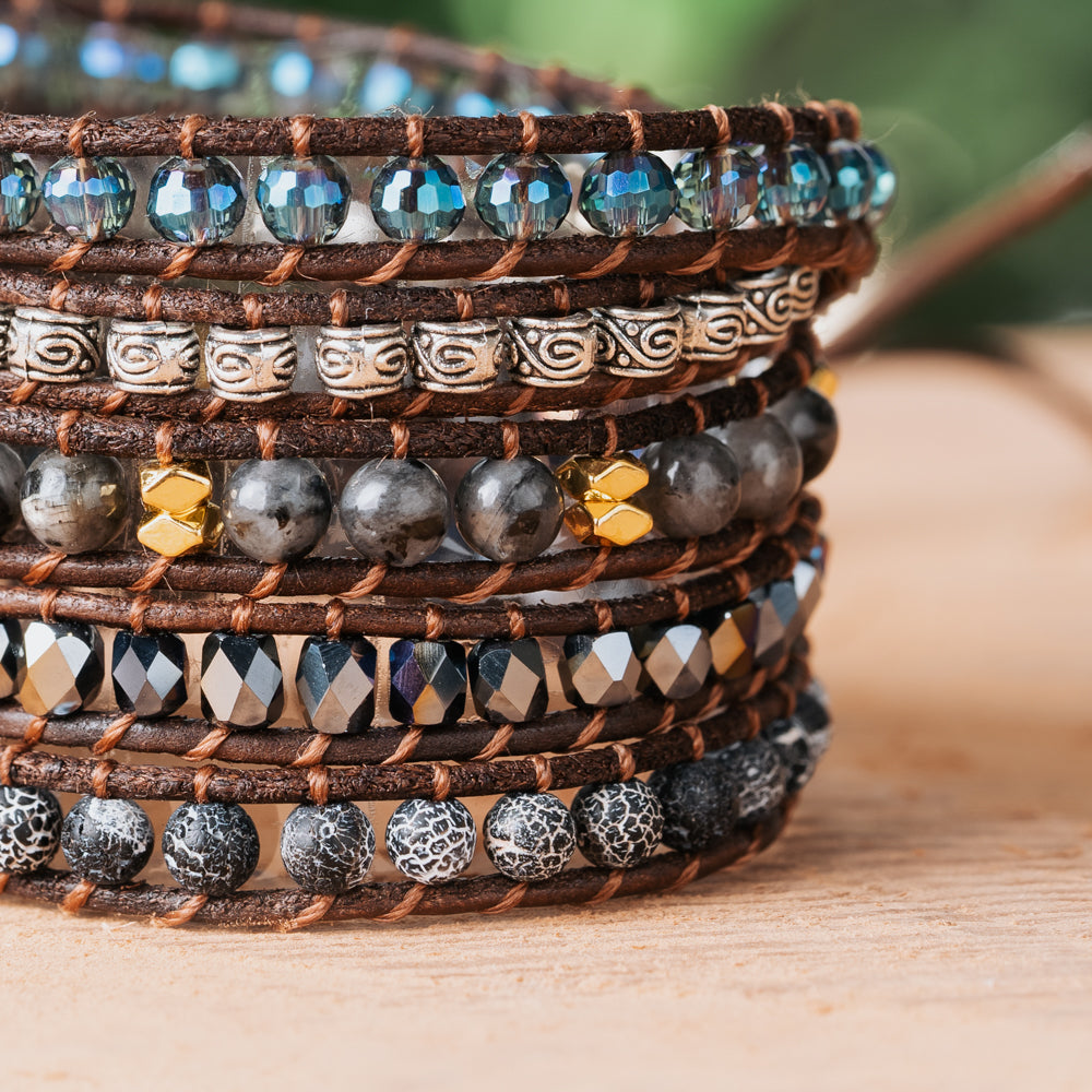 Natural quartz crystal and agate stone five leather strap bracelets for her