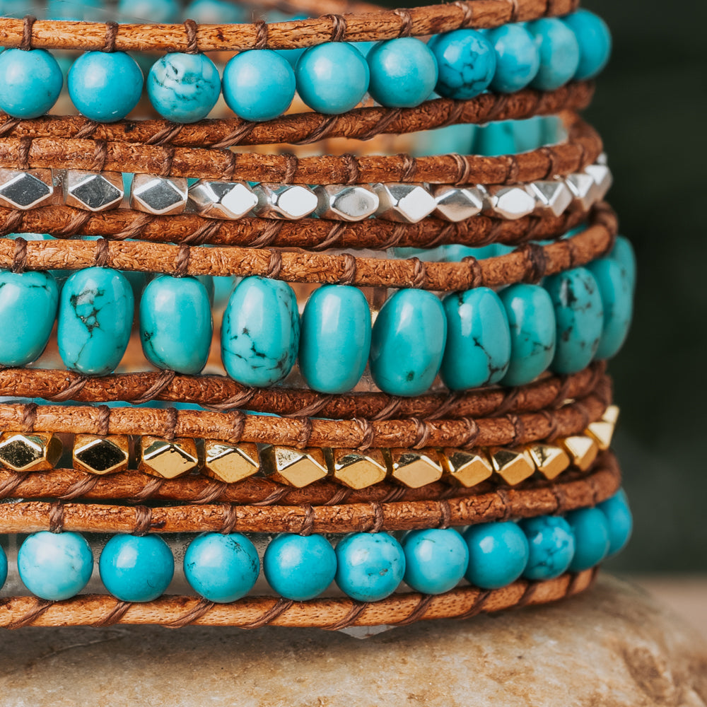 Elevate your accessory collection with this handmade five-wrap bracelet, crafted from natural Turquoise stone, Sterling Silver nuggets made by Treehut