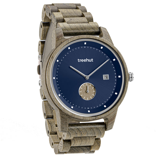 TREEHUT engraved wood watch, Blue Grey, Mens Watch