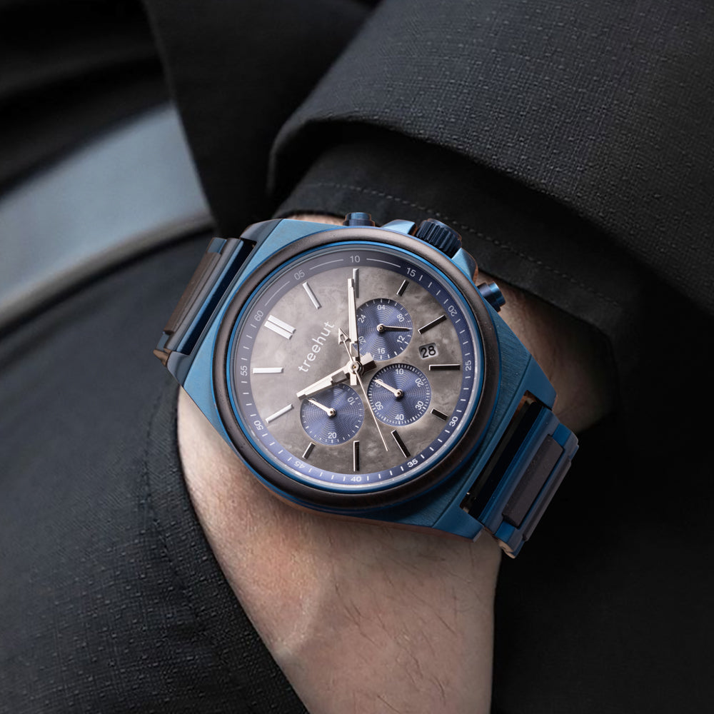 Aster Grey Marble Ebony Men's Chrono Stainless Steel Wooden Watch