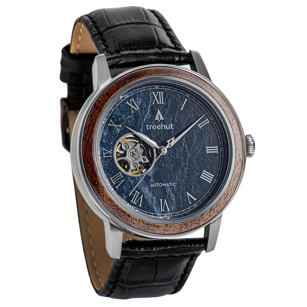 Atlas Blue Marble Black Men's Stainless Steel Wooden Watch