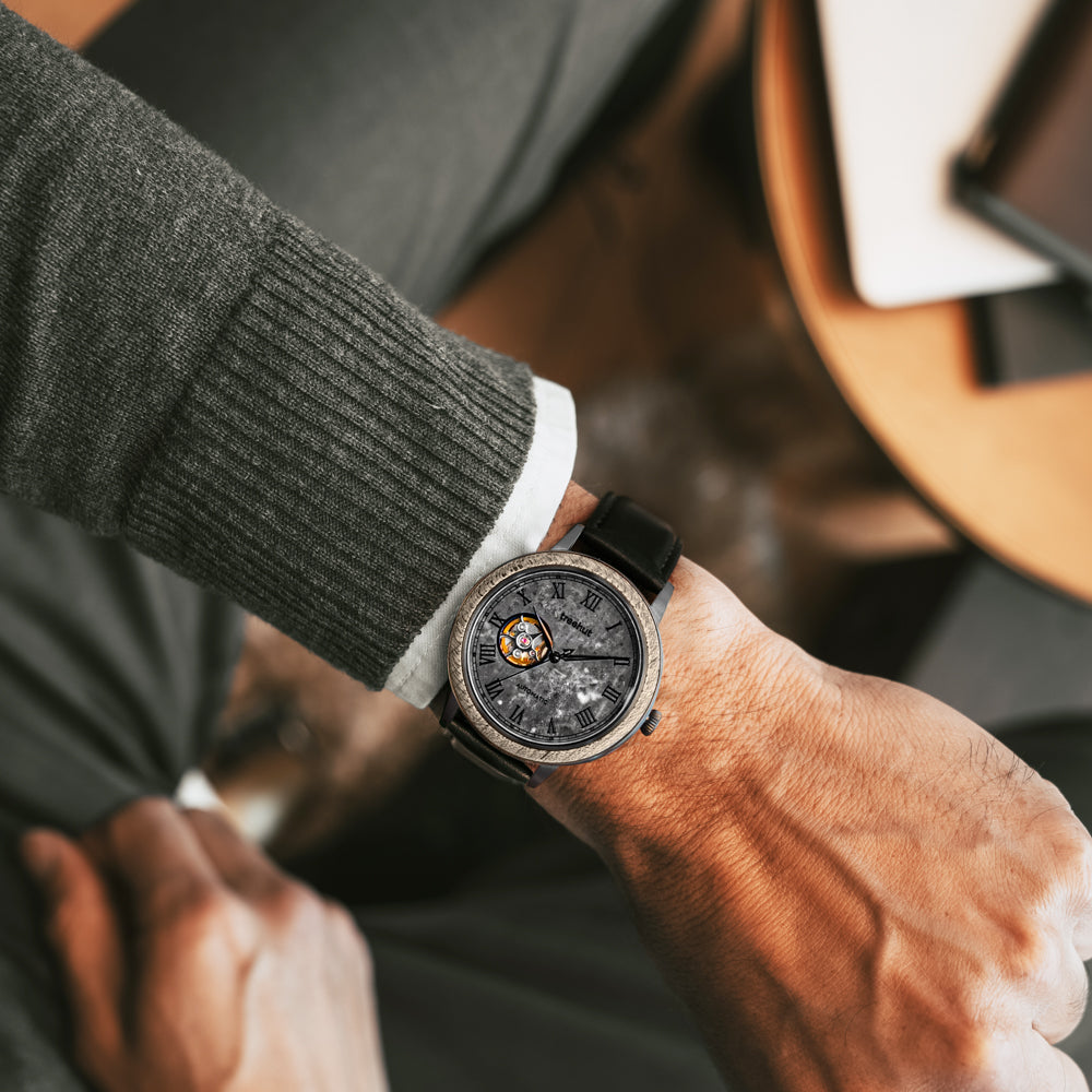Atlas Grey Marble Black Men's Stainless Steel Wooden Watch