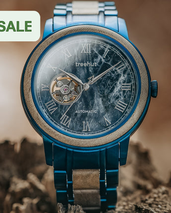 Atlas Maple Blue Marble Men's Stainless Steel Wooden Watch Watch