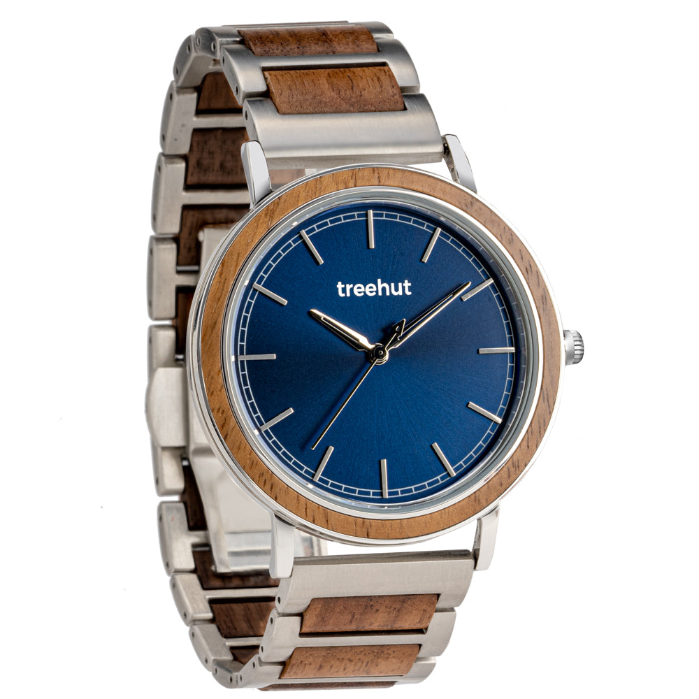 Bay Walnut Blue Sunray Silver Men's Stainless Steel Wooden Watch
