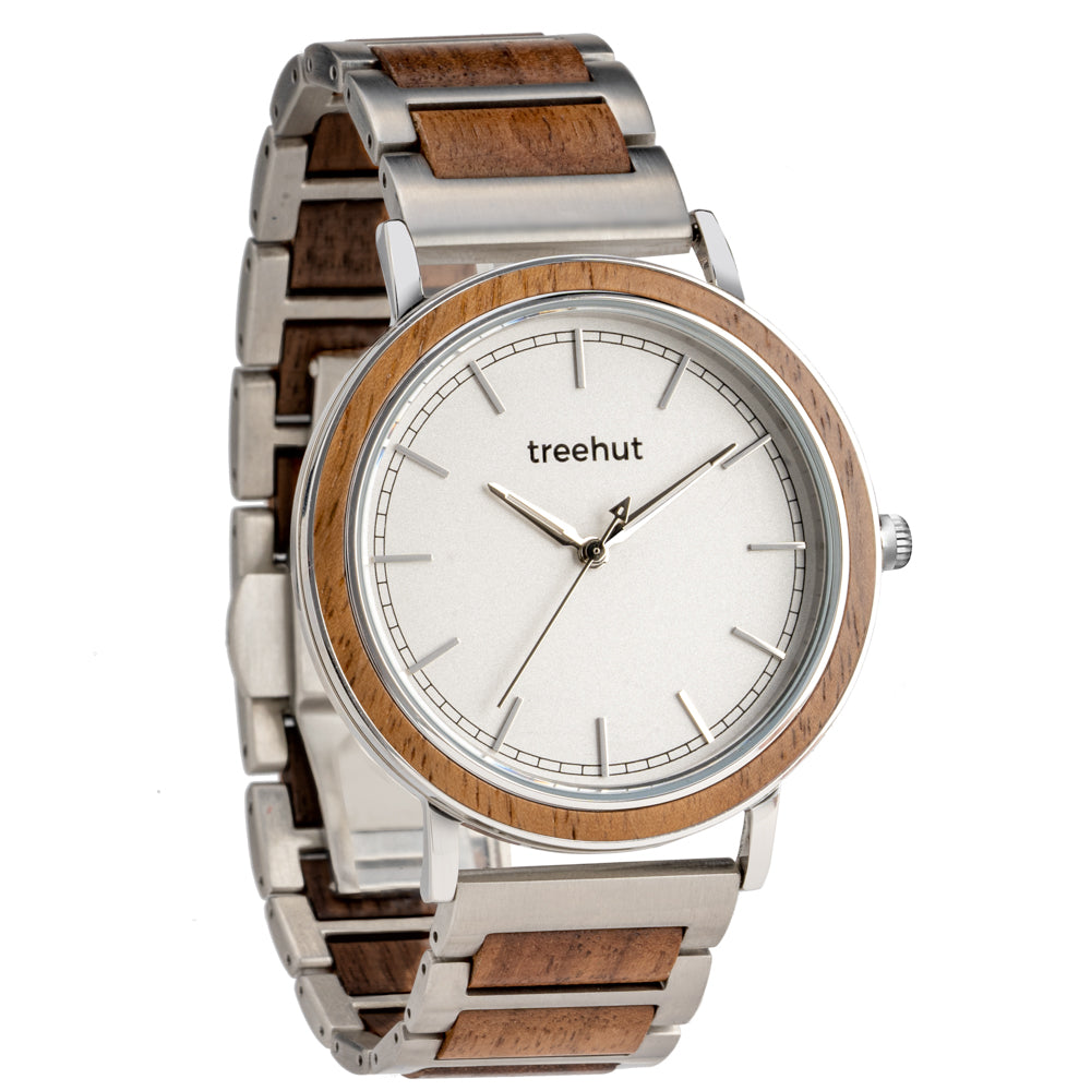Bay Walnut Silver Men's Stainless Steel Wooden Watch