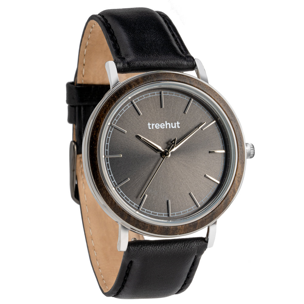 Bay Ebony Grey Black Leather Men's Stainless Steel Wooden Watch