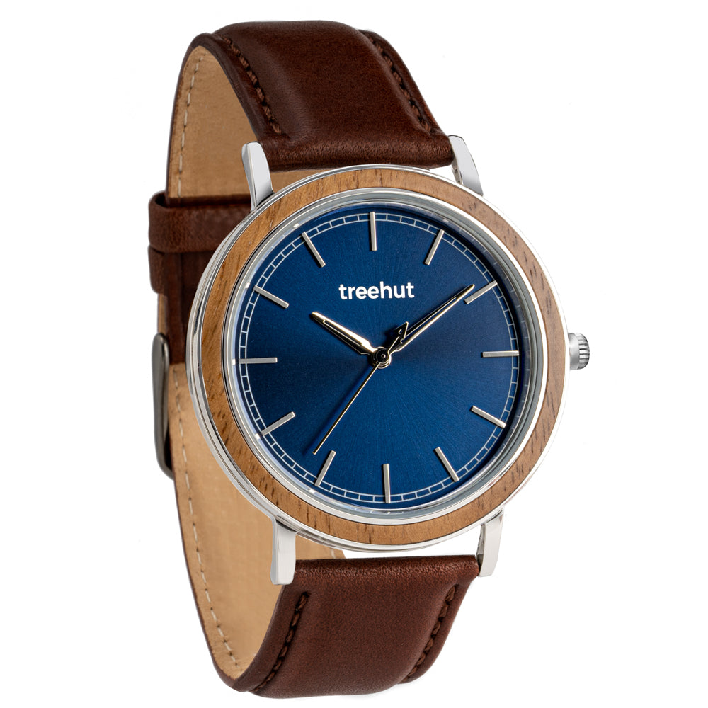 Bay Walnut Blue Brown Leather Men's Stainless Steel Wooden Watch