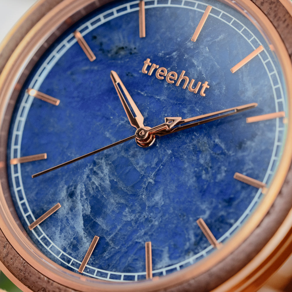 Bay Blue Marble Rose Gold Men's Stainless Steel Wooden Watch