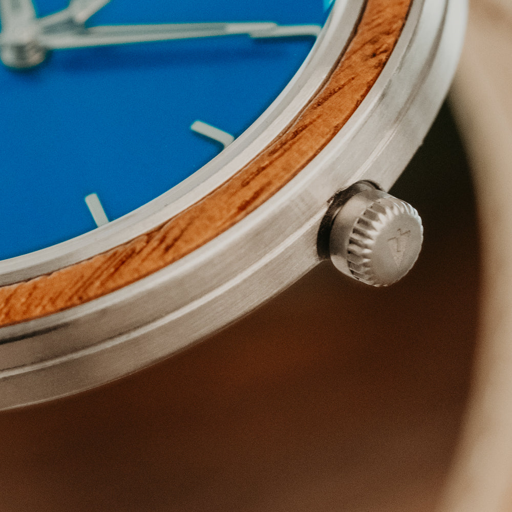 Bay Walnut Blue Brown Leather Men's Stainless Steel Wooden Watch
