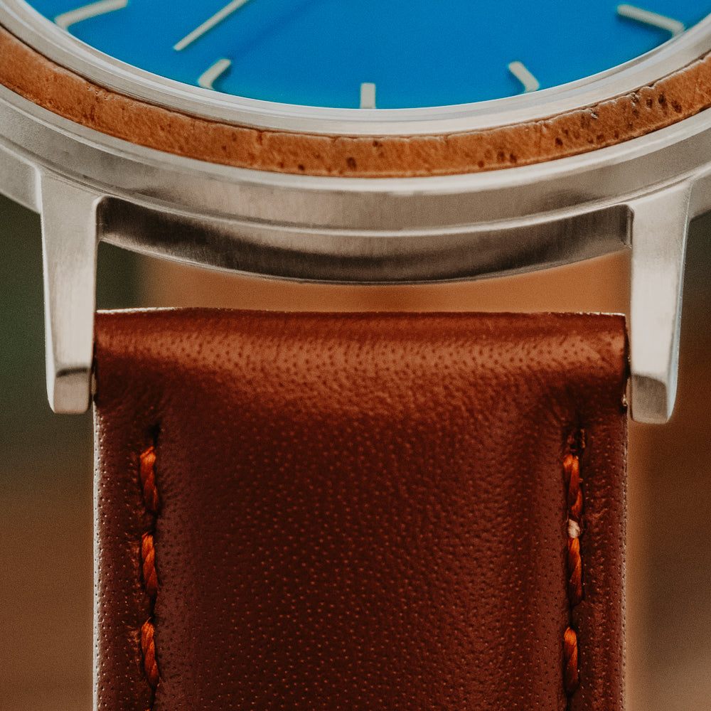 Bay Walnut Blue Brown Leather Men's Stainless Steel Wooden Watch
