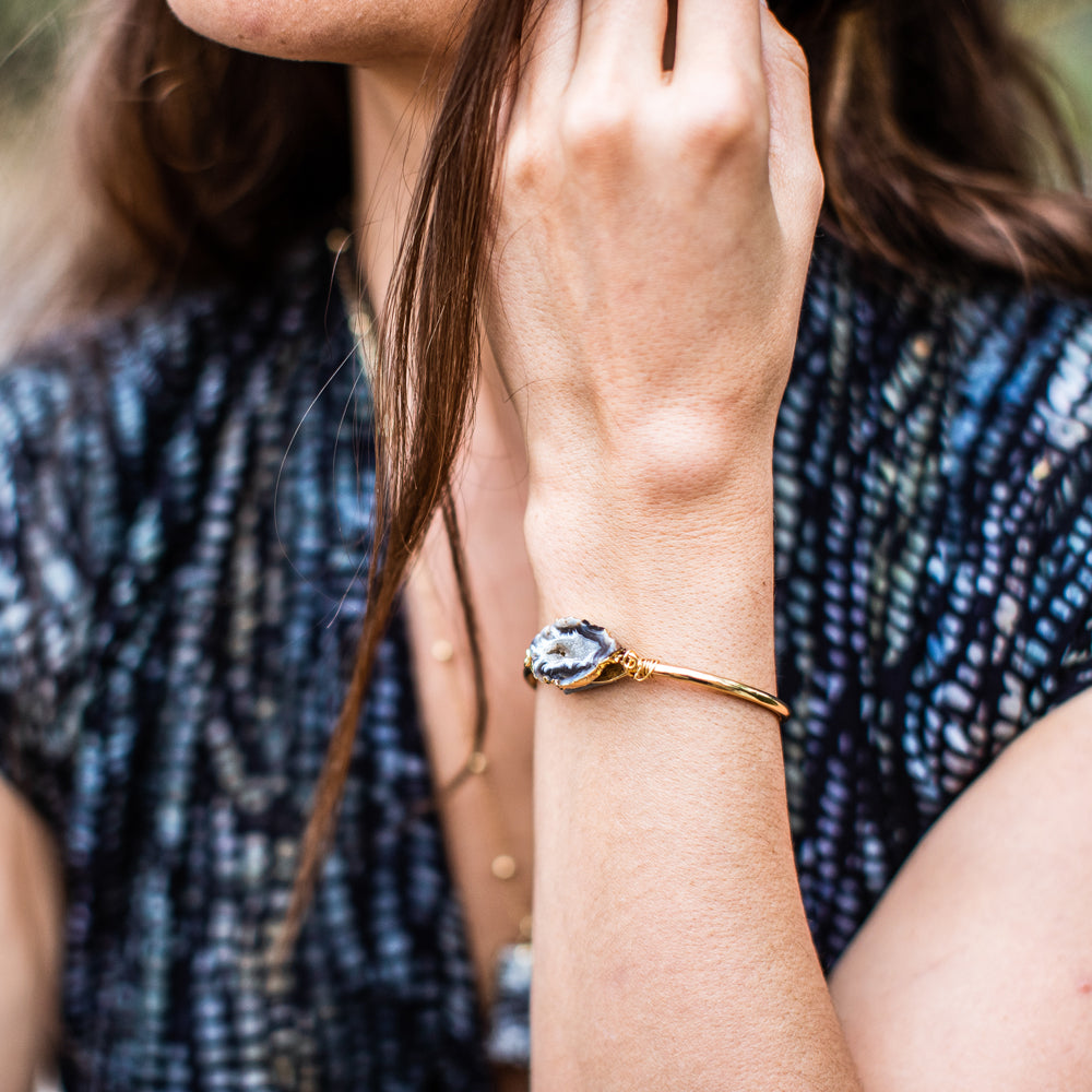 woman wearing Geode Crystal Ocean Cuff Bracelet