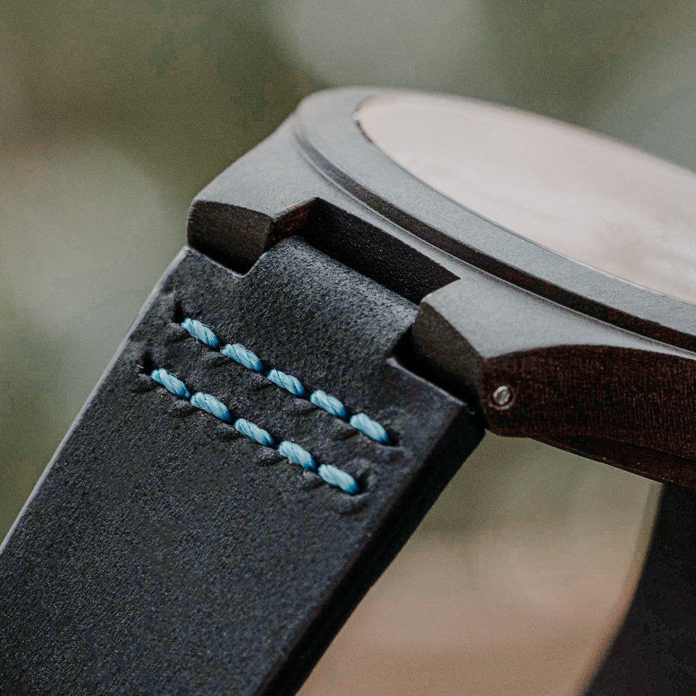 Classic Ebony Theo Blue Leather Men's Wooden Watch