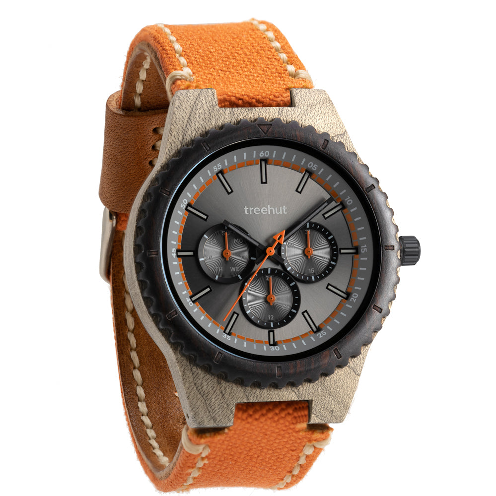 Classic Multifunction Orange Denim Men's Wooden Watch