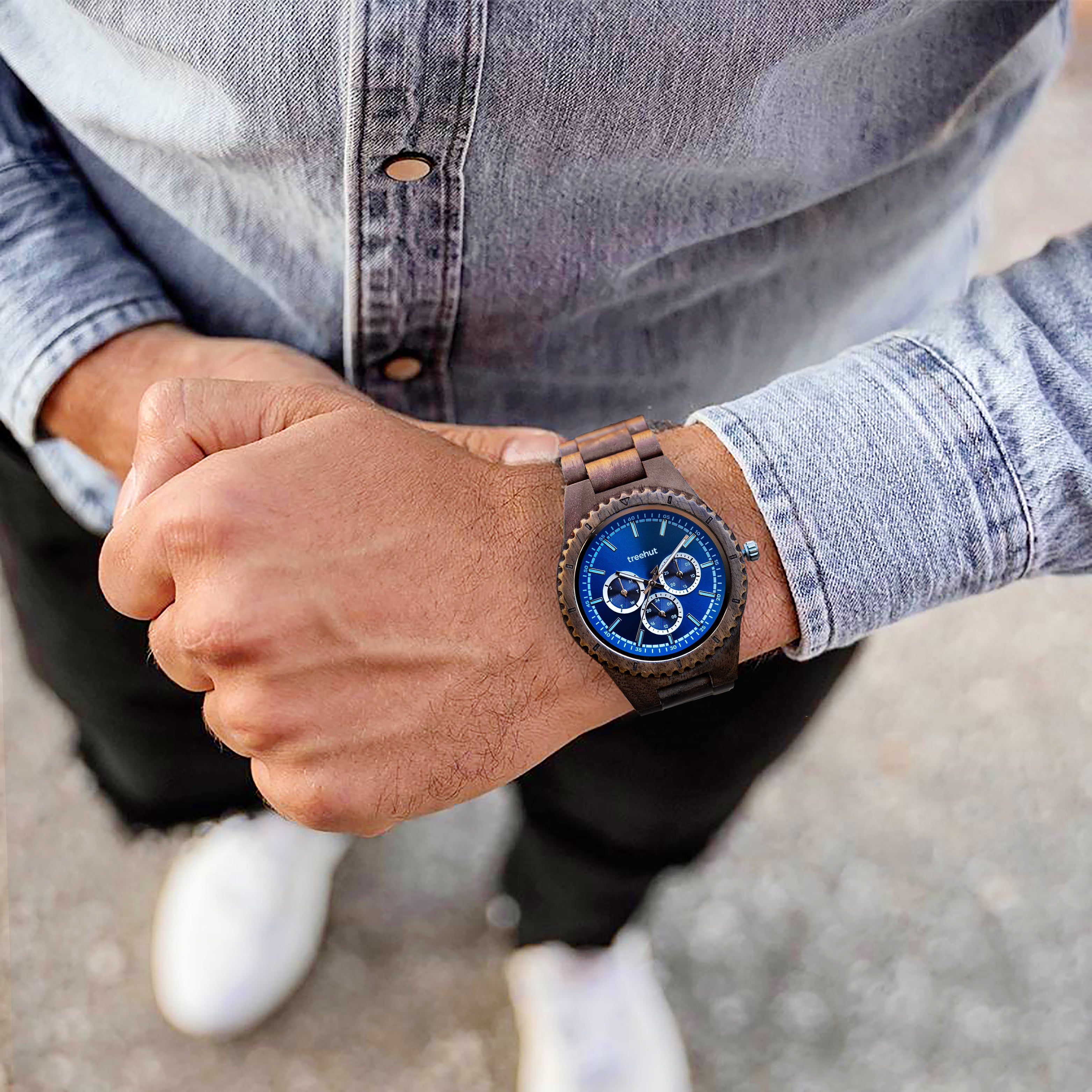 Classic Multifunction Walnut Blue Men's Wooden Watch